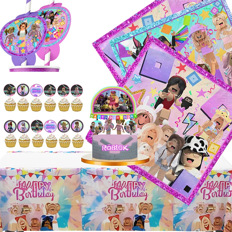 Roblox Mädchen Dekorationen für lila rosa Party Banner Geburtstag Luftballons Tischdecken Kuchen Topper Servietten Geschirr Kind Geschenk Versorgung