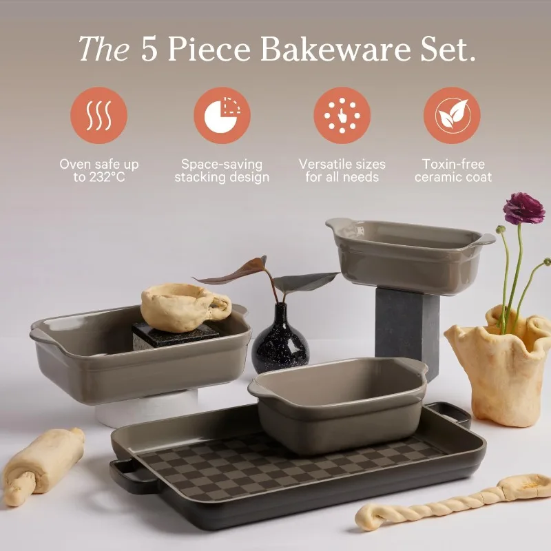 Bakeware Set 5-Piece Nonstick,Toxin-Free,Ceramic,Stoneware Set with Oven Pan,Bakers, Oven Mat Space-Saving Nesting Design