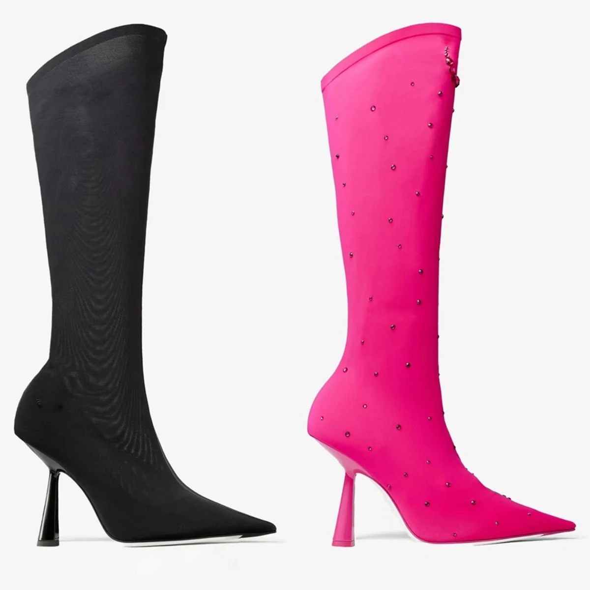 

Dupe Luxury Brand Elastic Sock Boots Pink Black Rhinestone Mesh Knee High Heels Pointed Toe Free Shipping Ladies Shoes On Offer