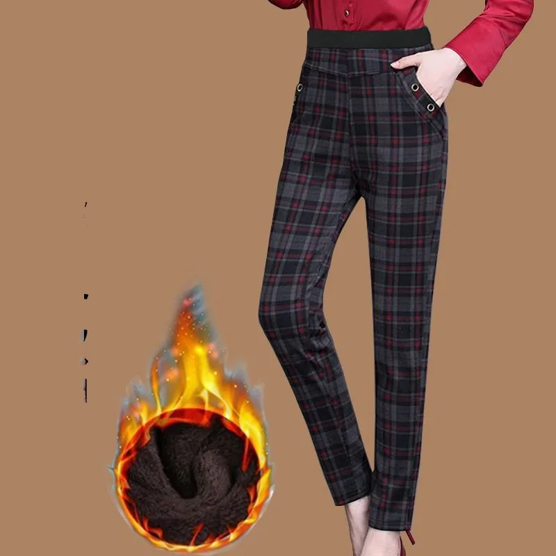 Women's Autumn and Winter Fashion Elegant Plaid Stripe Pocket Casual Plush Thickened Elastic High Waist Long Straight Leg Pants