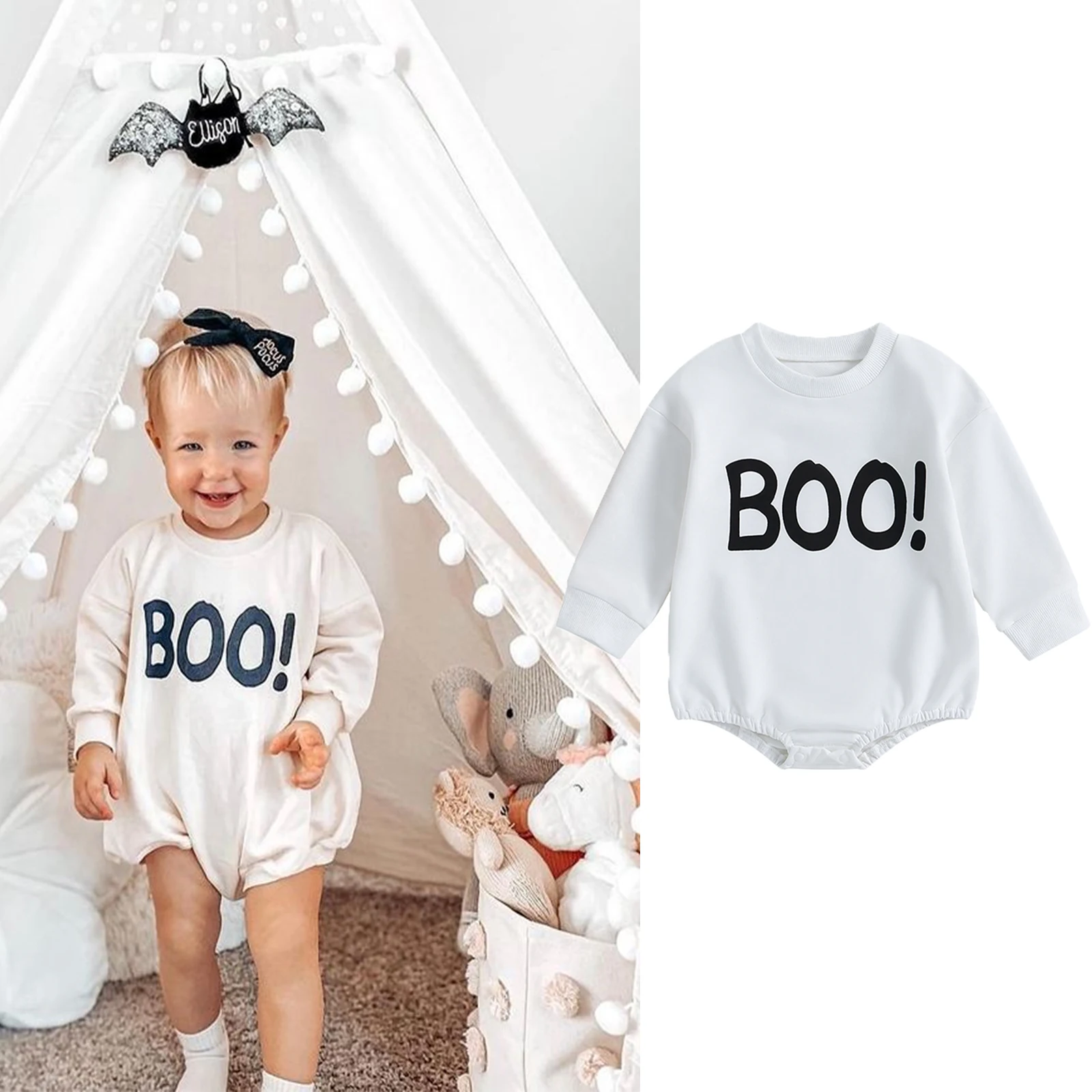 

Baby Girls Oversized Sweatshirt Romper Long Sleeve Crew Neck Ghost Letters Print Bodysuit Newborn Baby Halloween Costume