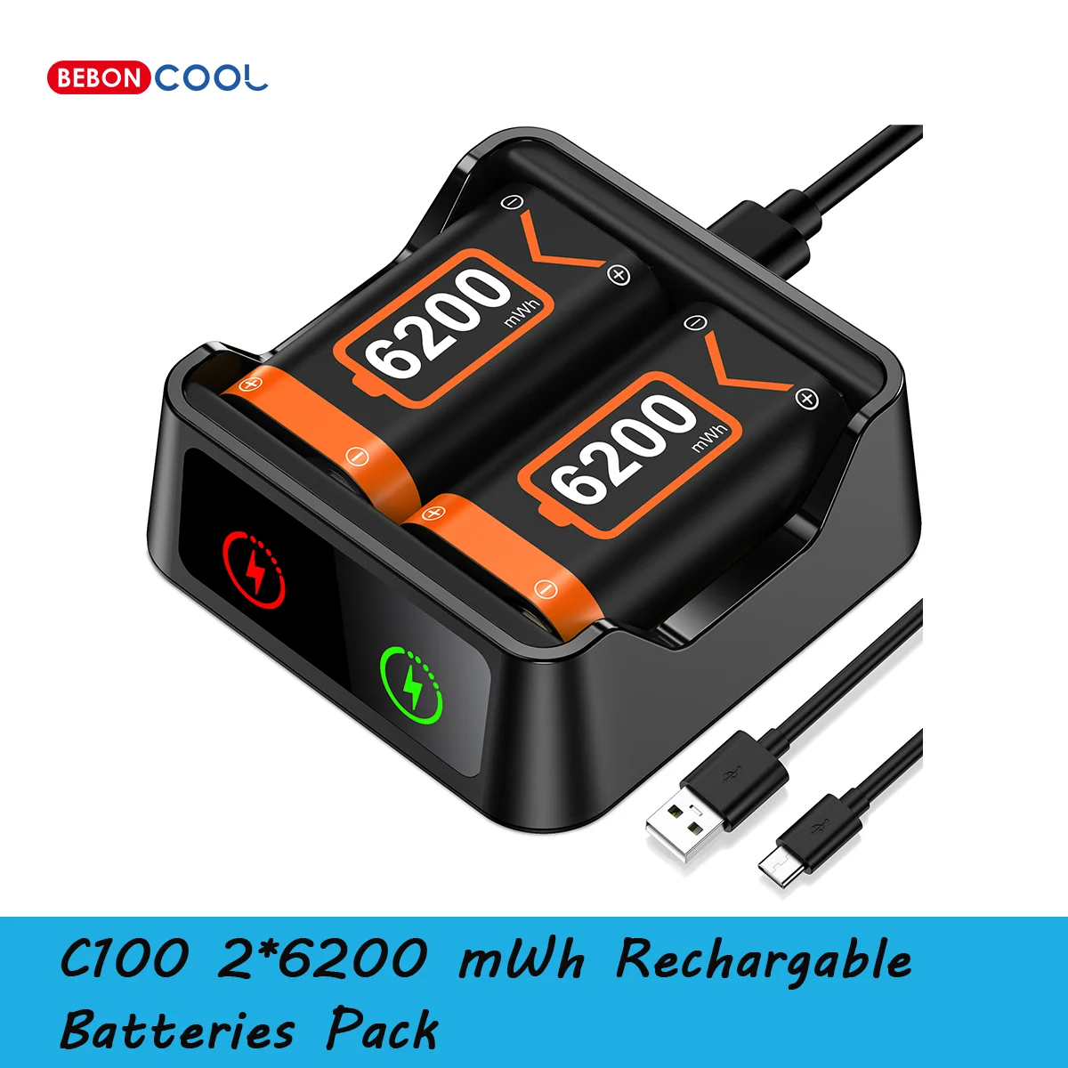 Game Console Battery BEBONCOOL C100 2*6200 mWh Rechargable Batteries Pack For XBOX Serise S/X and XBOX ONE S/X/Elite With Charging Cable