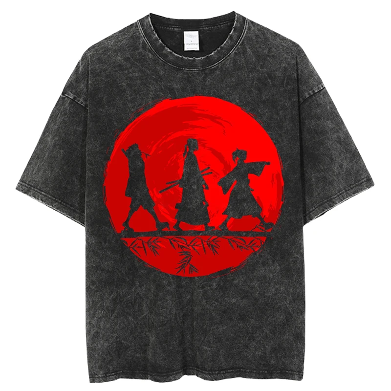 

New Japanese Anime Samurai Champion Washed TShirt Gothic Cool Graphic Print TShirt Mens Fashion Clothes Vintage Tshirts