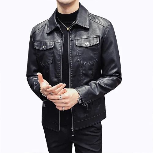 남성용 가죽 재킷, 두꺼운 겨울 따뜻한 재킷, 슬림핏, 시원한 오토바이 턴다운 칼라, 지퍼 코트, 새로운 트렌드 2