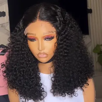 Short Bob Cut Black Color Kinky Curl 13X4 HD Lace Front Wigs Synthetic Wig Preplucked With Baby Hair Bleached Knots Glueless Wig
