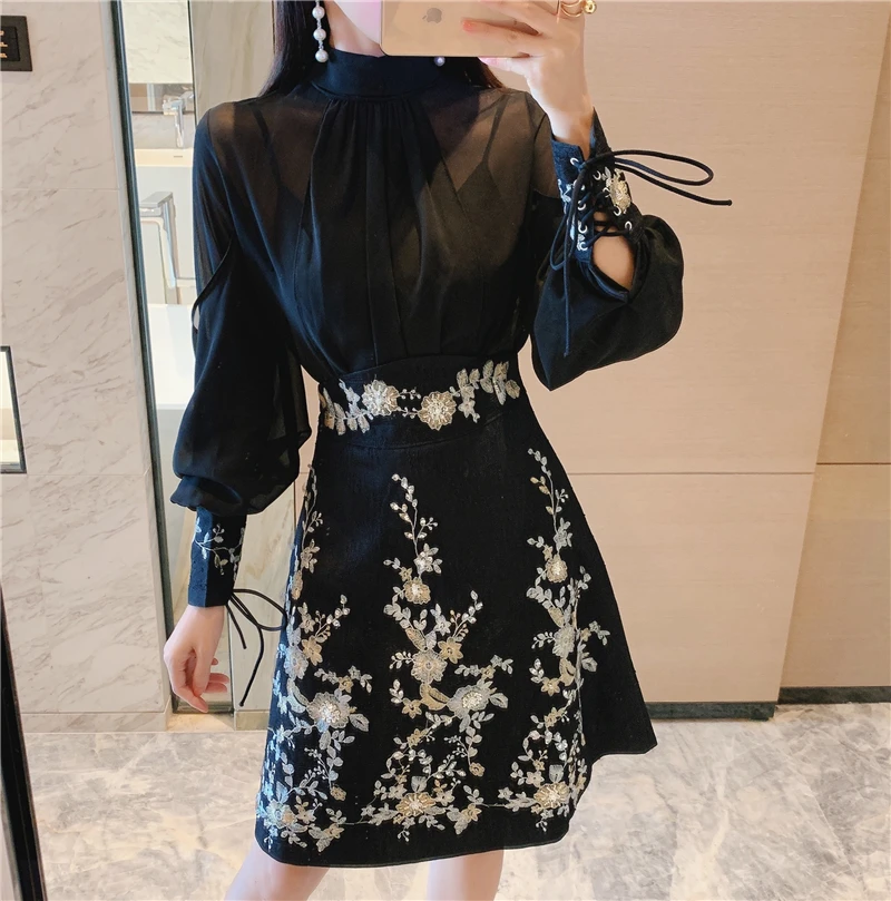 

20024 Summer New Goddess Style Bow Long Sleeved Shirt with Beaded Embroidery A-line Half Length Dress Set