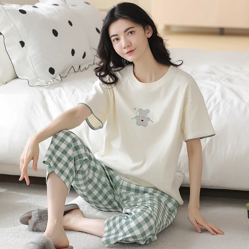 

Летняя Пижама, женская модель, 100% хлопок, пижамный комплект, милая мультяшная Пижама, женская одежда для сна, домашняя одежда