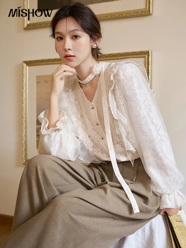 MISHOW【 Rose Series 】Lace Patchwork Shirt for Women 2023 Autumn Ruffles Single Breasted Petal Sleeve Elegant Tops MXC41X1280 series 2 red rose