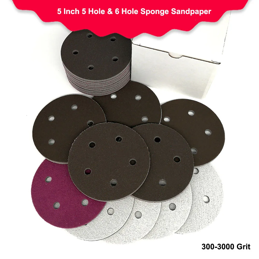 

5 Inch 5 Hole 6 Hole Hook&Loop Sponge Sandpaper Disc 300-3000 Grit Dry Wet Flocking Red Sanding Paper Polishing Grinding Tools