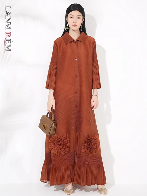 LANMREM Loose Temperament New Women's Dress High-end Chic Lapel Flared Sleeves Floral Long Breasted Cardigan Dresses 2DB3446