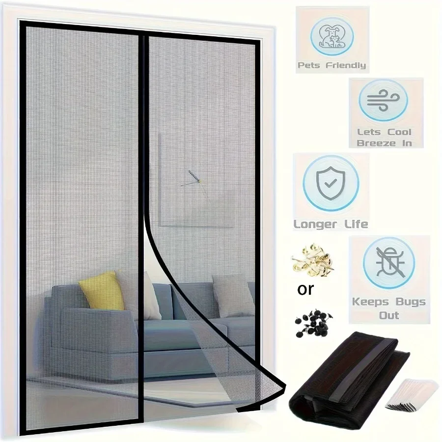 Magnetic door curtain self sealing hands-free mesh partition preventing insects from entering pet and child friendly