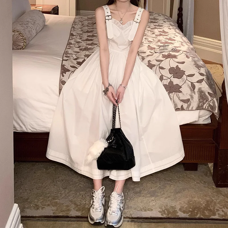 

C * G Girls' White Strap Dress Women's Summer New French Style Sleeveless Long Skirt