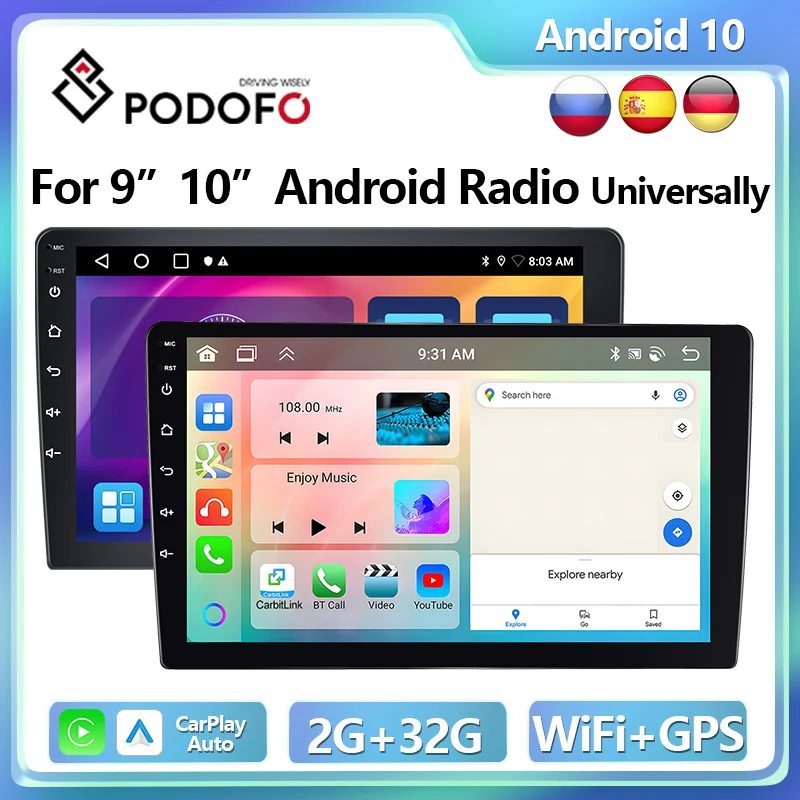 

Podofo 9in 10in CarPlay Android Radio Universally 2din Car Stereo Receiver GPS Multimedia Player 4G WiFi Autoradio Head Unit IPS