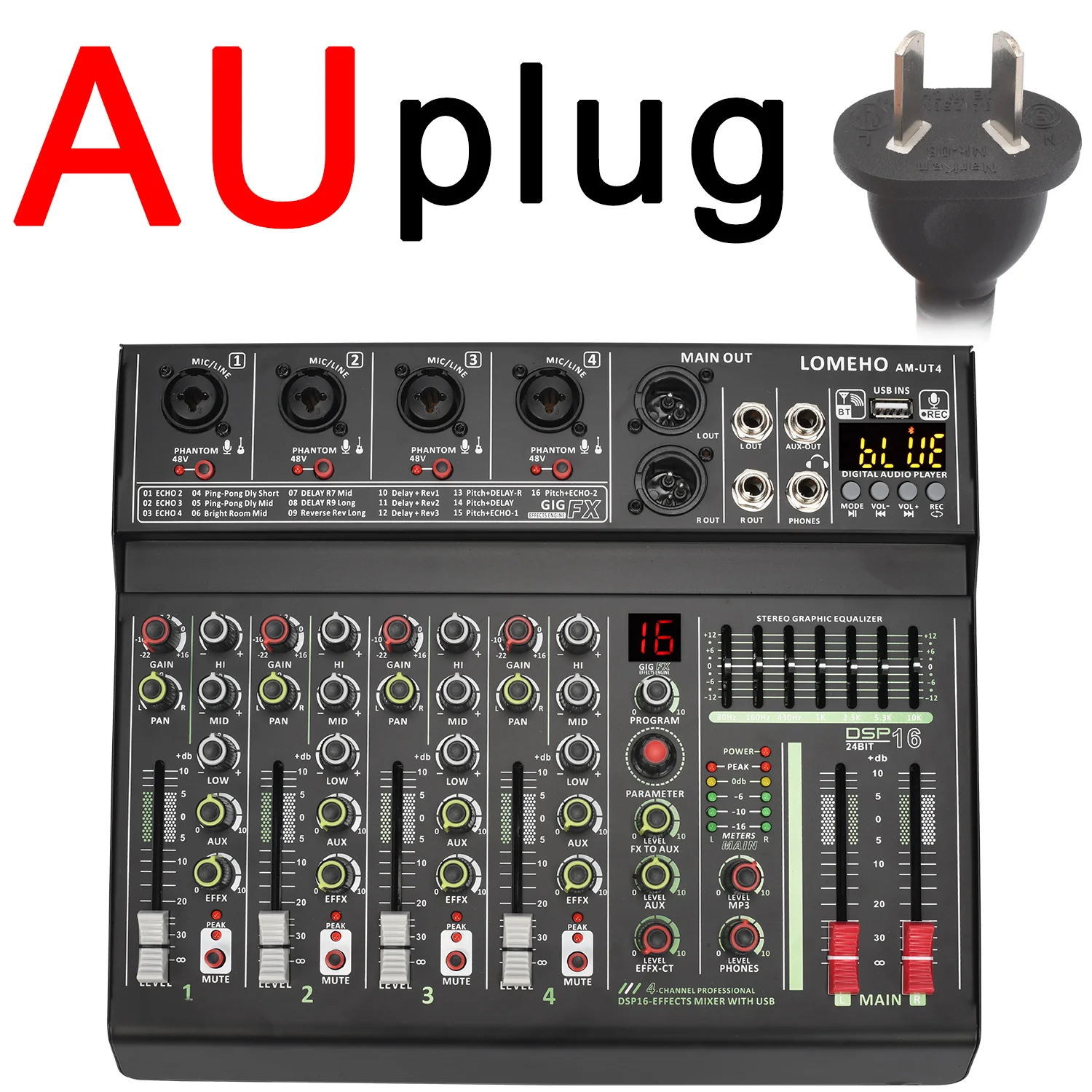 オーディオミキサー 16 DSP リバーブエフェクトを備えた 8 チャンネル