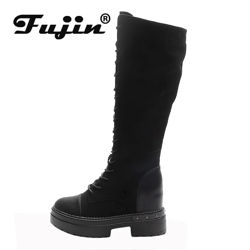 

Fujin/носки 9 см; Плюшевые зимние сапоги на платформе и молнии; Сапоги из эластичной ткани; Сапоги до колена; Модная женская обувь; Сезон весна-осень; Mujer