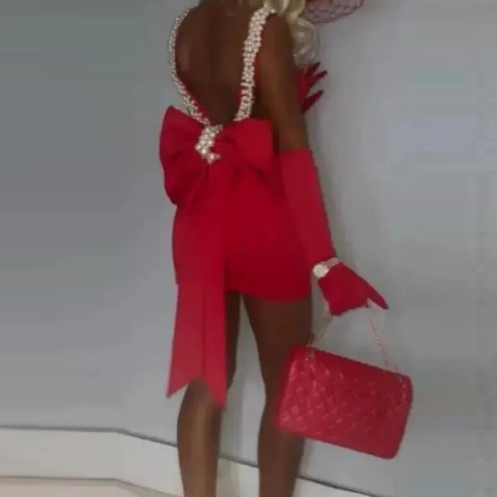 Red Cocktail Dresses Without Gloves Sexy Back Major Bead Pearls robes de soir&eacute;e Big Bow Mini Prom Party Dress Aso Ebi Gowns