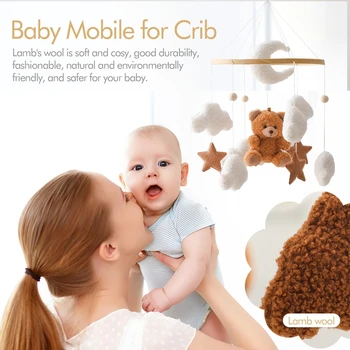 Baby Crib Mobile Rattle Toy Wooden Bed Bell Mobile Hanging Teddy Velvet Bear Doll Toy Newborn Music Box Crib Mobile Bracket Gift 5