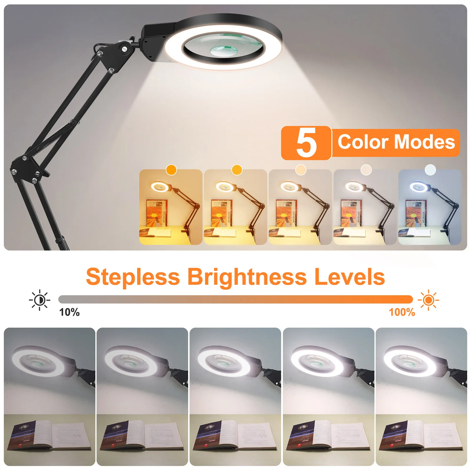 Magnifying Glass Lamp Long Swing Arms 5X/10X with 5 Color Adjust LED Lights Reading Table Lamp for Welding Repair Close Work