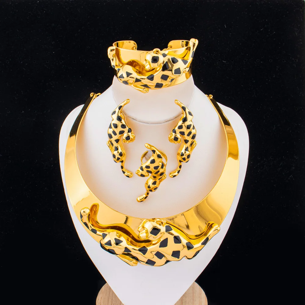 Woman Jewelry Set African Fashion Leopard Necklace Earrings 18K Gold Plated Animal Shape Bracelet Ring Copper Dubai Jewelry Gift 1
