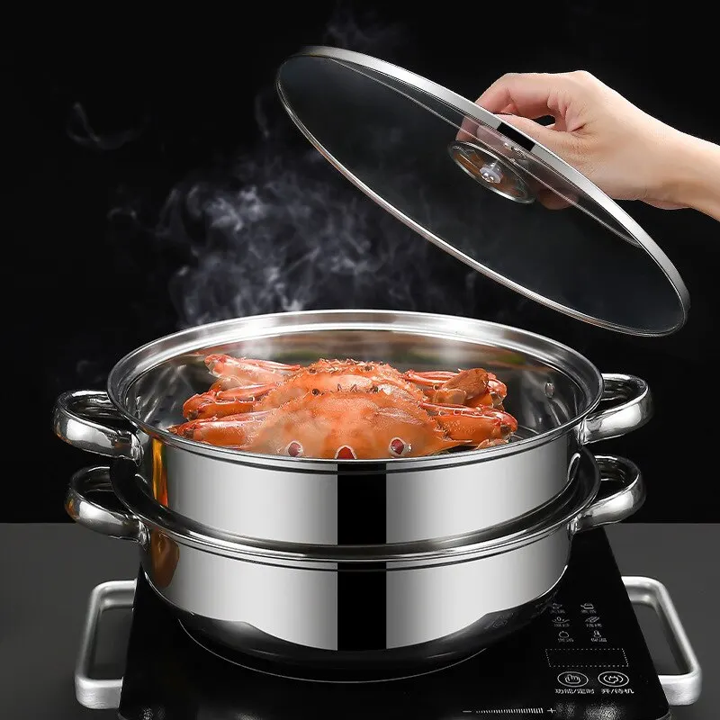 2-Tier Stainless Steel Steamer Multilayer Pot Cookware Pot With Tempered Glass Lid Work with Gas Electric Grill Stove Top Safe