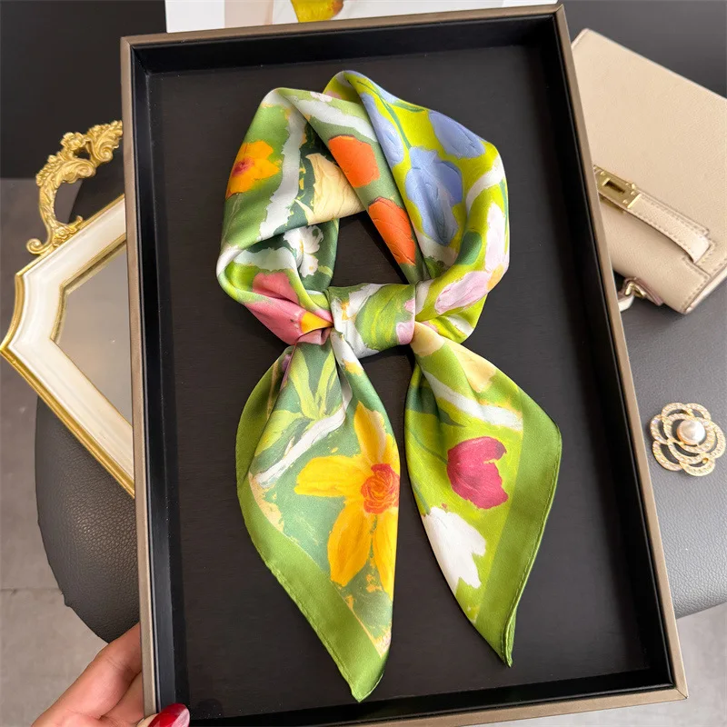 Neues Designer-Bandana aus Seide, quadratischer Schal für Damen, Satin-Tuch, Hijab, Haarband, luxuriöses Kopftuch, 70*70cm, Echarpe – Detail 3