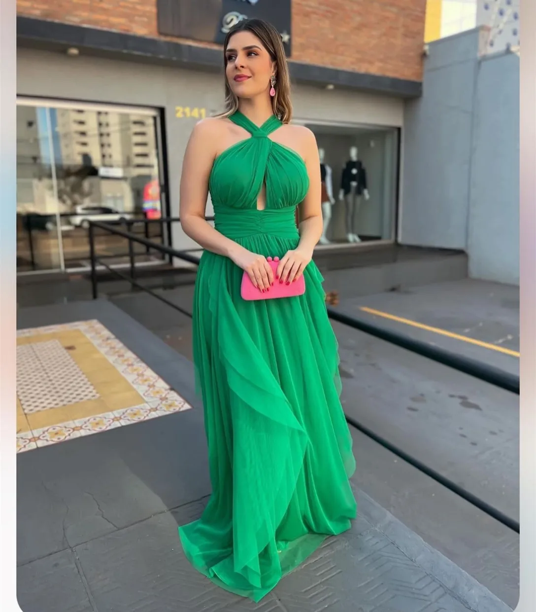 

Long Halter Green Tulle Prom Dresses A-Line Ruffles Evening Dresses Floor Length Vestidos Wedding Guest Dress for Women