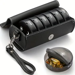 Deluxe Travel Pill Organizer - AM/PM Daily Medicine Case with Stylish PU Leather Cover (Black)