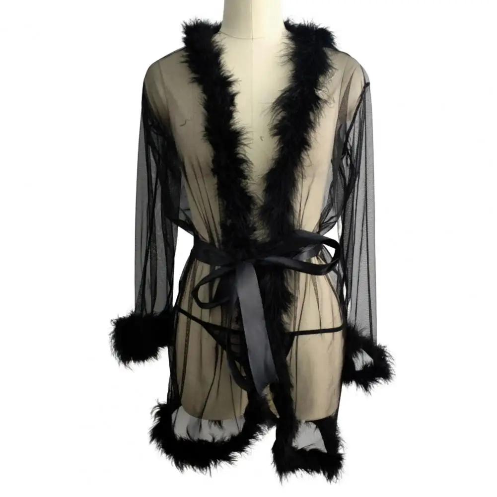 Mesh Detail Sleep Dress Elegant Mesh Ruffle Nightgown with Adjustable Waist Tie Sexy Plush Trim Sleepwear for Women Pleated