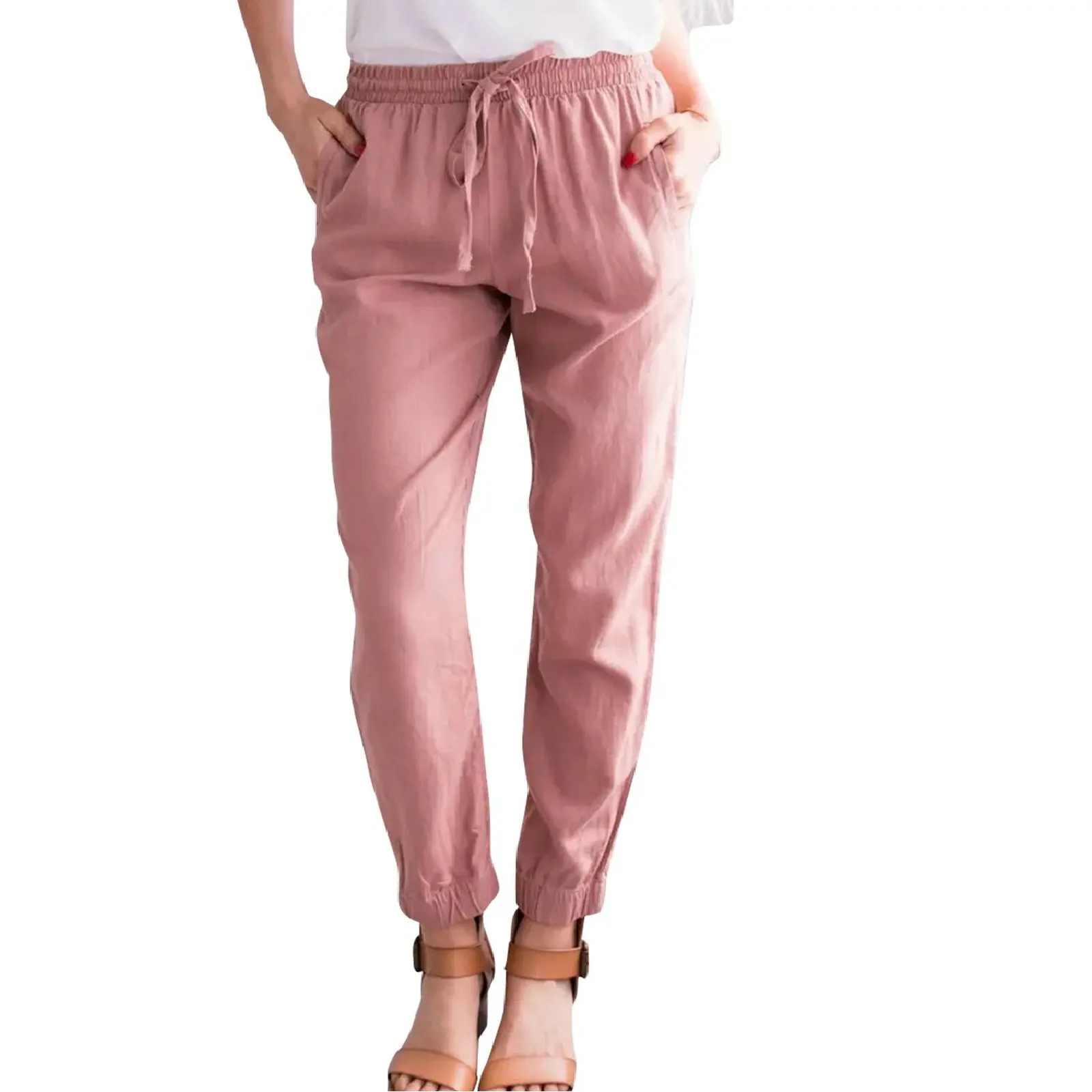 Women Cotton Long Pant Workwear High Rise Tapered Leg Drawstring Waist