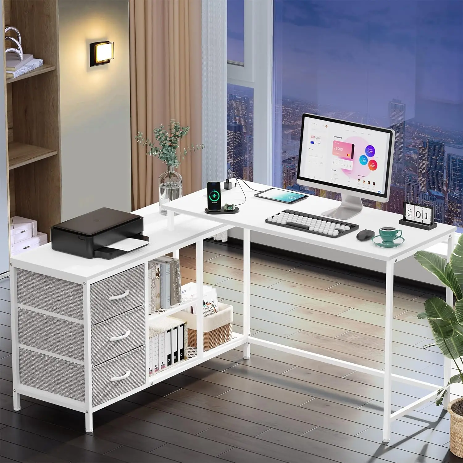 

SUPERJARE L Shaped Desk with Power Outlets, Computer Desk with Drawers & Shelves, Corner Gaming Desk Home Office