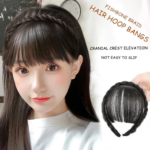 Peluca con flequillo de aire para mujer, aro de Pelo trenzado, todo en uno, Frente Natural, parte superior, reemplazo de cabello falso, diadema de parche - Imagen 4