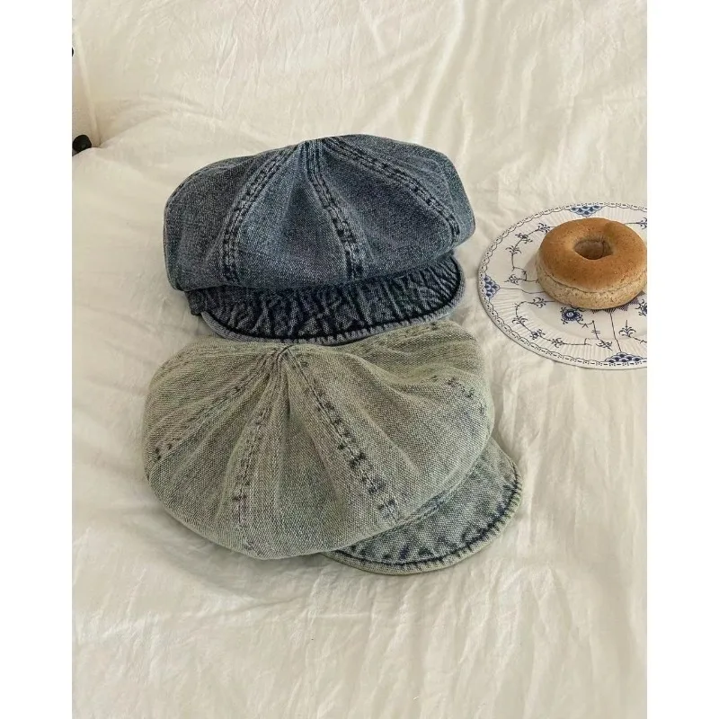 New Washed Denim Large Version Octagonal Hat Women's Sunshade Spring and Autumn Casual Short Brim Soft Top Newsboy Caps Gorras