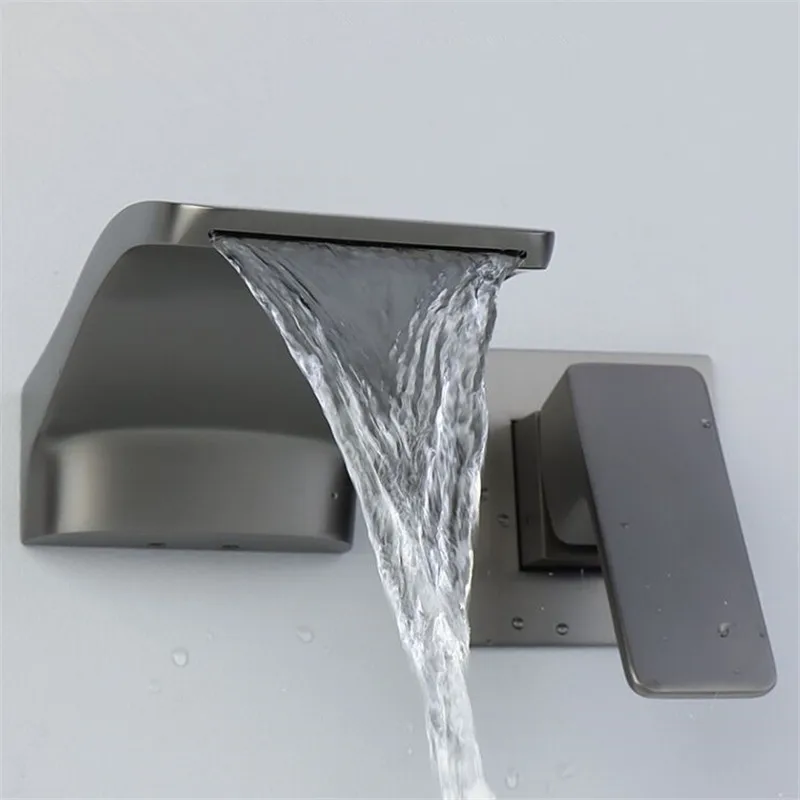 

New Waterfall Bathroom Basin Faucet Brass Sink Mixer Hot & Cold Single Handle LavatoryTap With Embedded Box In Wall Gun Grey