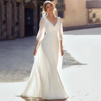 Charming Deep V-Neck Wedding Dress 3/4 Sleeve Mermaid Lace Chiffon Simple Backless Bride Gown Train Vestido De Novia Customized