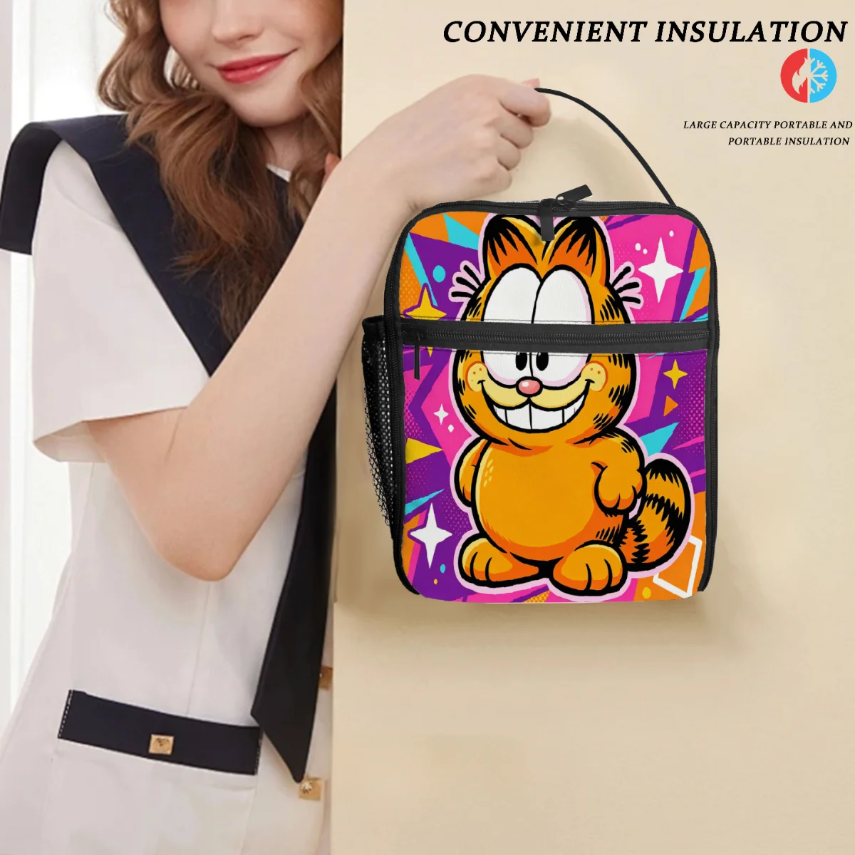 Bolsa térmica con estampado de dibujos animados de Garfield, bolsa térmica con aislamiento, bolso portátil para la escuela, oficina, trabajo, viajes, Picnic