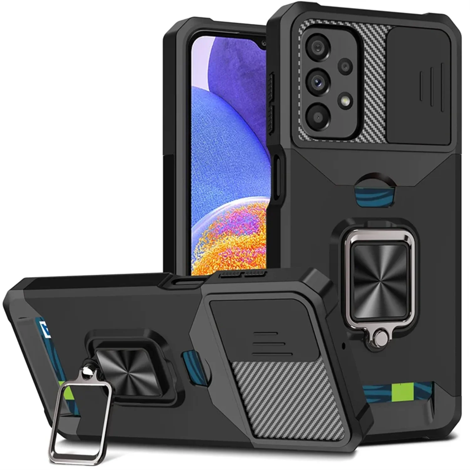 Premium Card Holder Case with Ring Stand & Rotating Slide Camera Lens - Military Armor Design