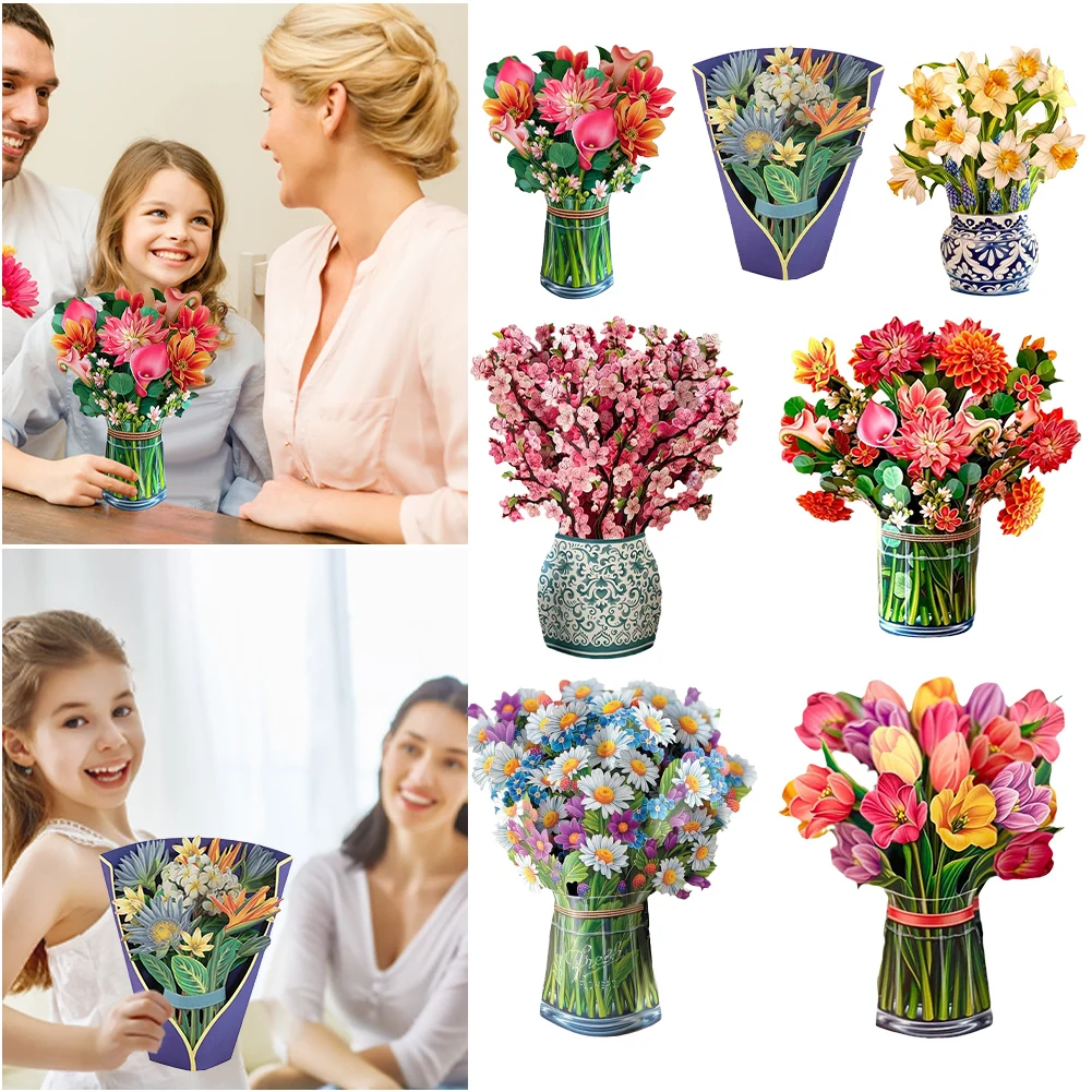 3D Pop Up Flower Greeting Card for Mothers Day Creative Multi-Style Bouquet Birthday Card Thank You Postcard for Birthday Easter greeting cards