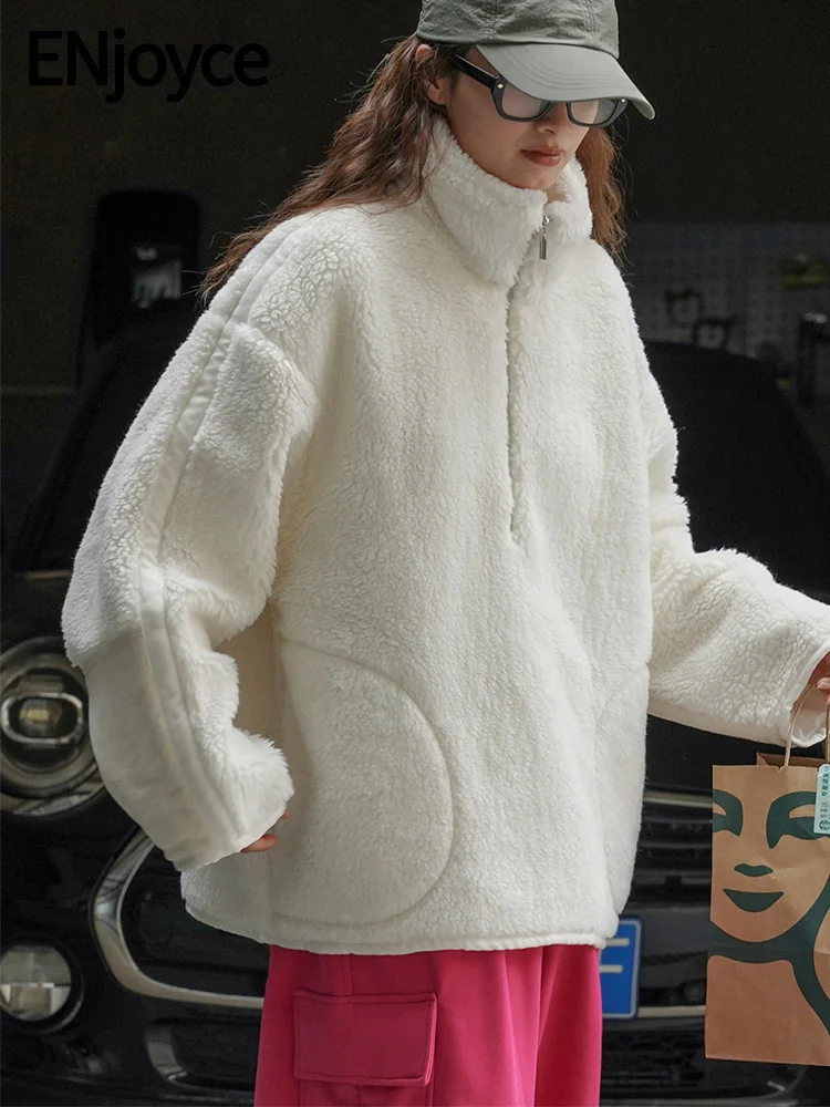 

Женский свитер из овечьей шерсти ENjoyce, теплый Свободный пуловер в Корейском стиле с высоким воротником на молнии, зима