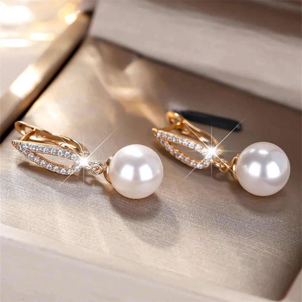 White Zircon Simulated Pearl Tassel Pendant Hoop Earrings For Women Vintage Gold Color Ear Buckle Wedding Jewelry Versatile Gift