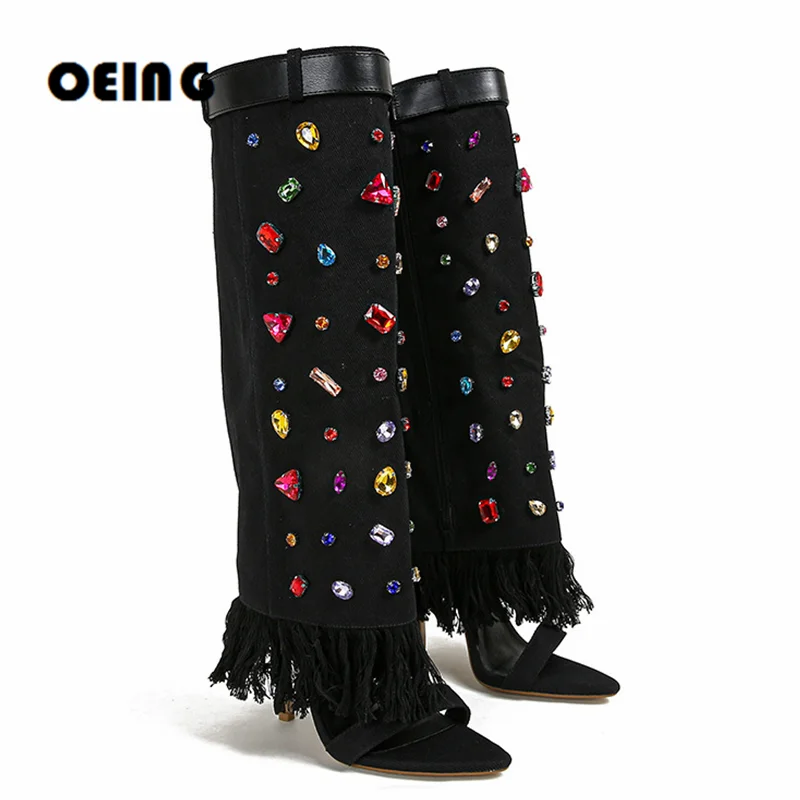 

Women Fringe Trim Knee High Boots Female Sexy Pointed Open Toe Denim Boot Bling Gem-studded Side Zipper Shoes Botas De Mujer