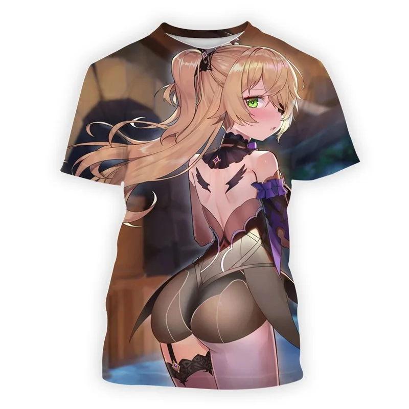 

Сексуальная футболка Ahegao с принтом для девушек Genshin Impact Keqing, модная летняя повседневная футболка с коротким рукавом и 3D-принтом в стиле Харадзюку, y2k