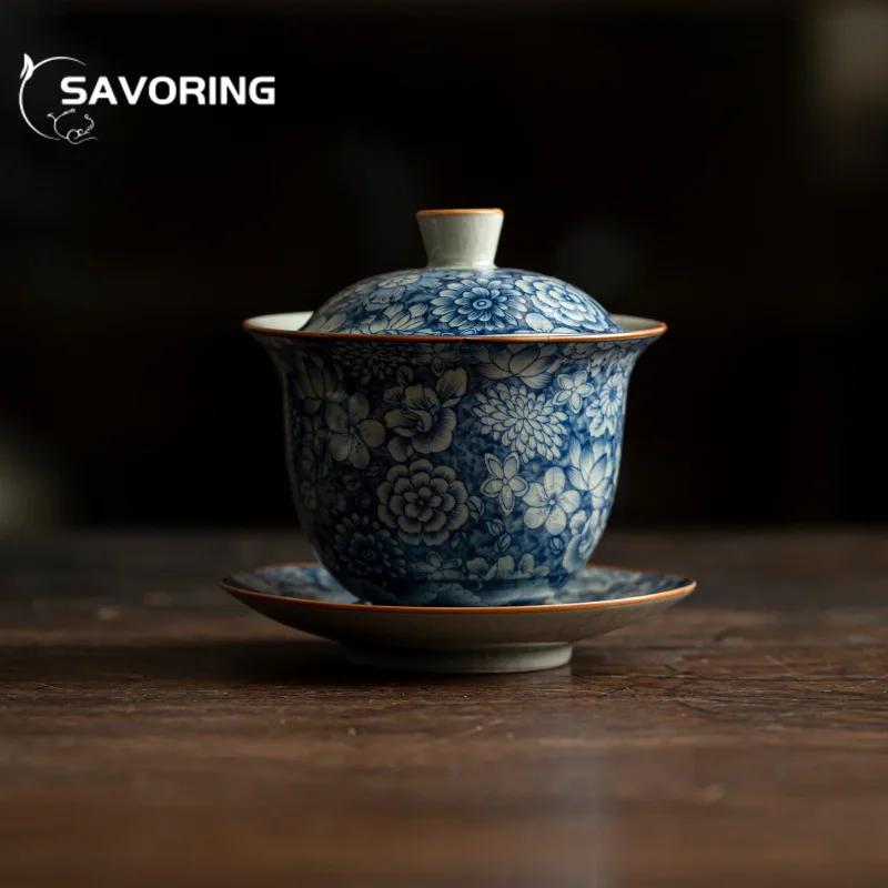 150ml Retro Blue and White Sancai Gaiwan Vintage Old Pottery Mud Tea Tureen Household Tea Brewing Cover Bowl Ceremony Craft