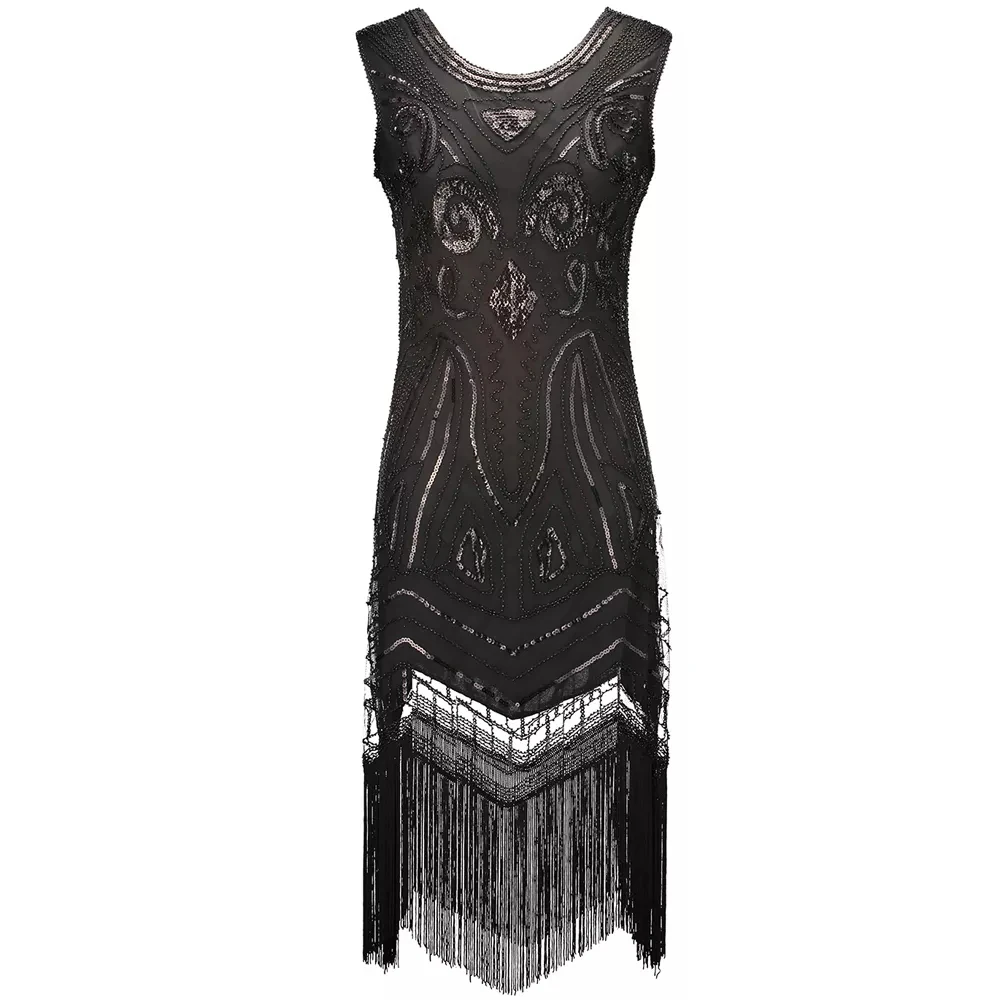 

Women Black 1920s Vintage Gatsby Flapper Dress O-Neck Sleeveless Art Nouveau Deco Sequin Beaded Fringe 20s Party Dress Vestido