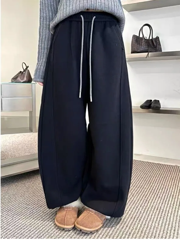 Winter Faion Wide Leg Elastic Waist Dstring Women's Casual Pants Fce Lined High Waist Warm Trousers Korean Sle