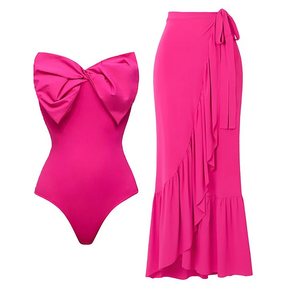 New Sexy One-piece Swimsuit High Waist Bikini Women's One-shoulder Swimwear Chiffon Slit Beach Skirt Suit Beachwear Cover Up