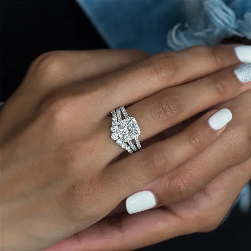 Classic Simple Design Wedding Engagement Rings for Women Mosaic Square Crystal Cubic Zirconia Brilliant Luxury Jewelry