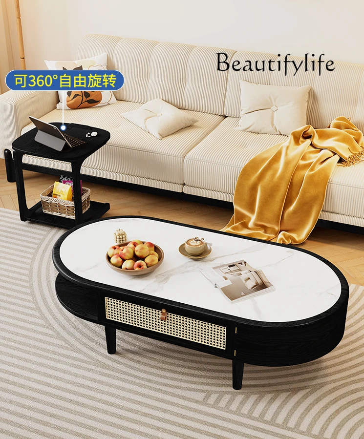 

Solid Wood Oval Retro Rattan Tea Table Home Nordic Simple Table