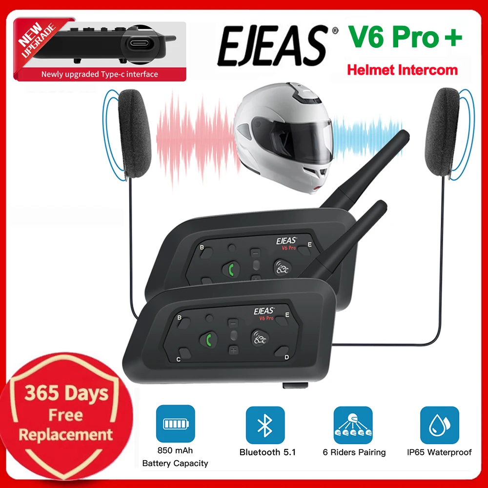 

EJEAS V6 Pro Helmet Intercom Headset Motorcycle Bluetooth 1200m Interphone Communicator Full Duplex for 6 Riders