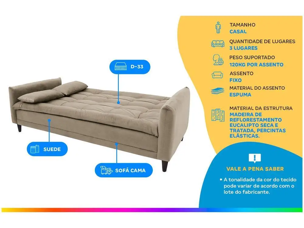 Sofá-cama Casal 3 Lugares Reclinável Suede Linoforte Estela 2