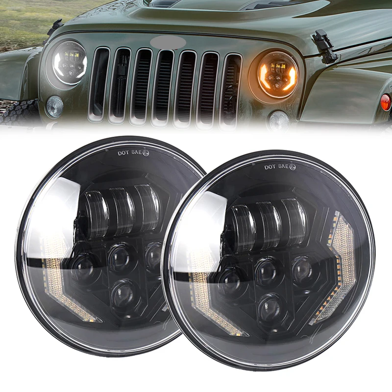 

2 PCS 7 Inch Led Headlights Hi/Lo Beam Turn Signal DRL 7'' Round Headlamp For Lada Niva 4X4 Uaz Hunter Hummer.
